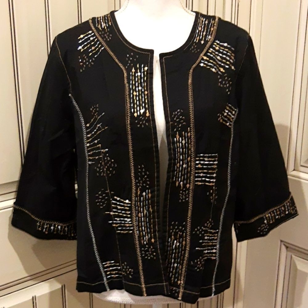 𝅺Bleu Bayou Open Cotton Blazer Medium Black Embroidered Sequin Stitch Gold
